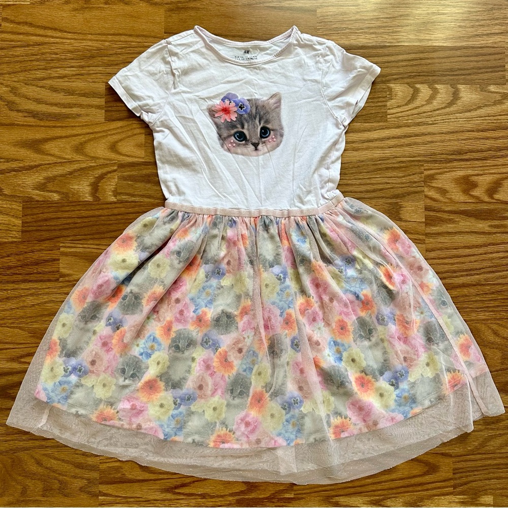 H&M Girls 8-10 Short Sleeve Pink Dress Cat Kitten Flowers Spring Tulle EUC!